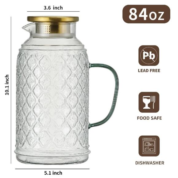 Glass Pitcher with Lid, 2 PACK 84 oz/2.5L Liter Vintage Water Pitcher, Clear Bor - Picture 3 of 6